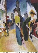 Two women in front of a hat shop